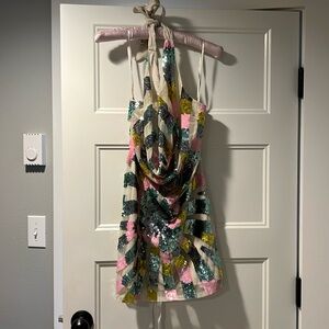 Sequin Halter Cowl Neck Mini Dress